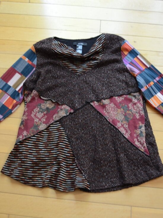 Ali Miles Tops - Ali Miles Brown Mixed Media Patchwork Cowl Neck Tunic Shirt Boho Artsy Size L
